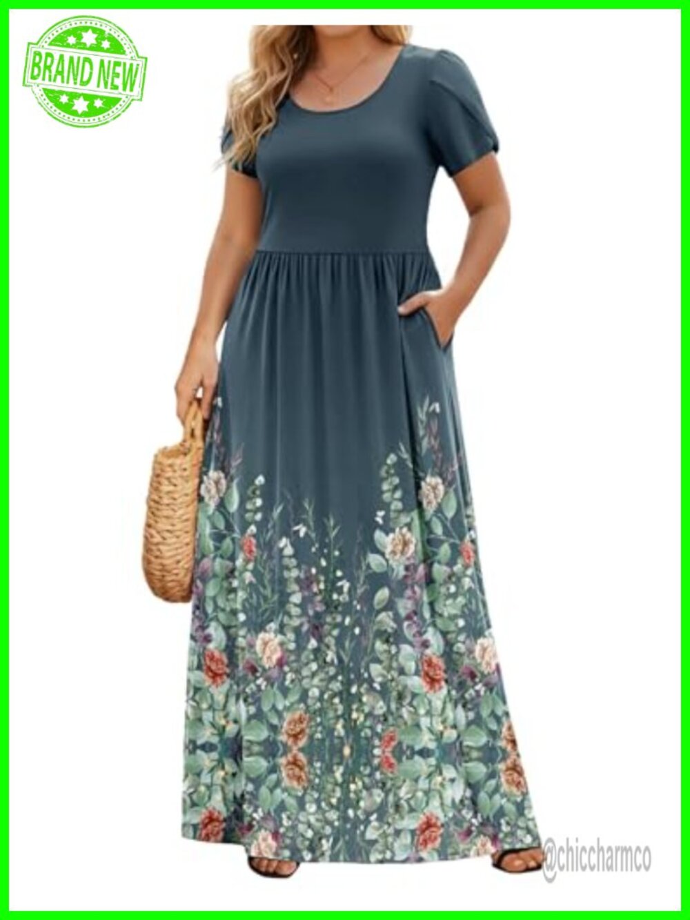 Plus Size Maxi Dress with Pockets Crewneck Short Sleeve Summer Casual Boho